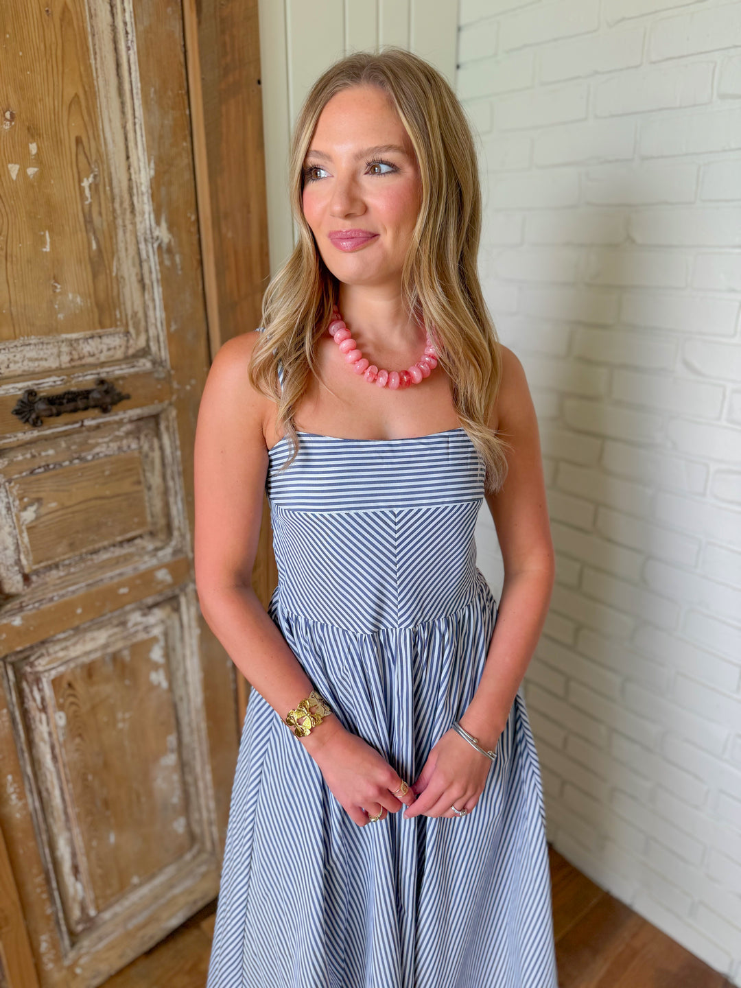 THE ELISE PINSTRIPE MIDI DRESS