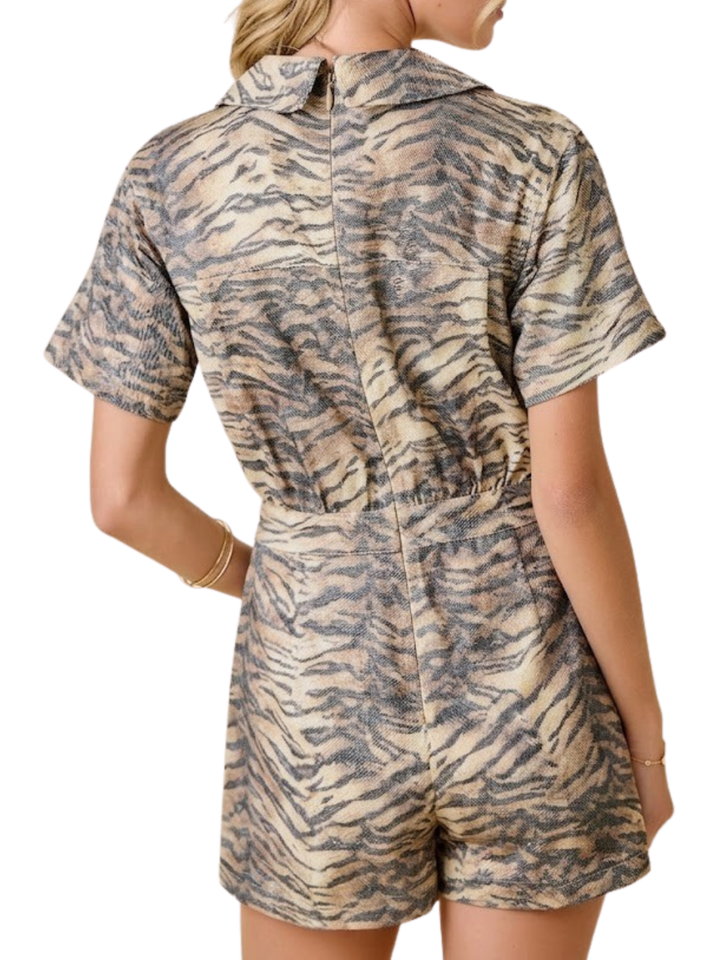 TIGER PRINT DENIM ROMPER