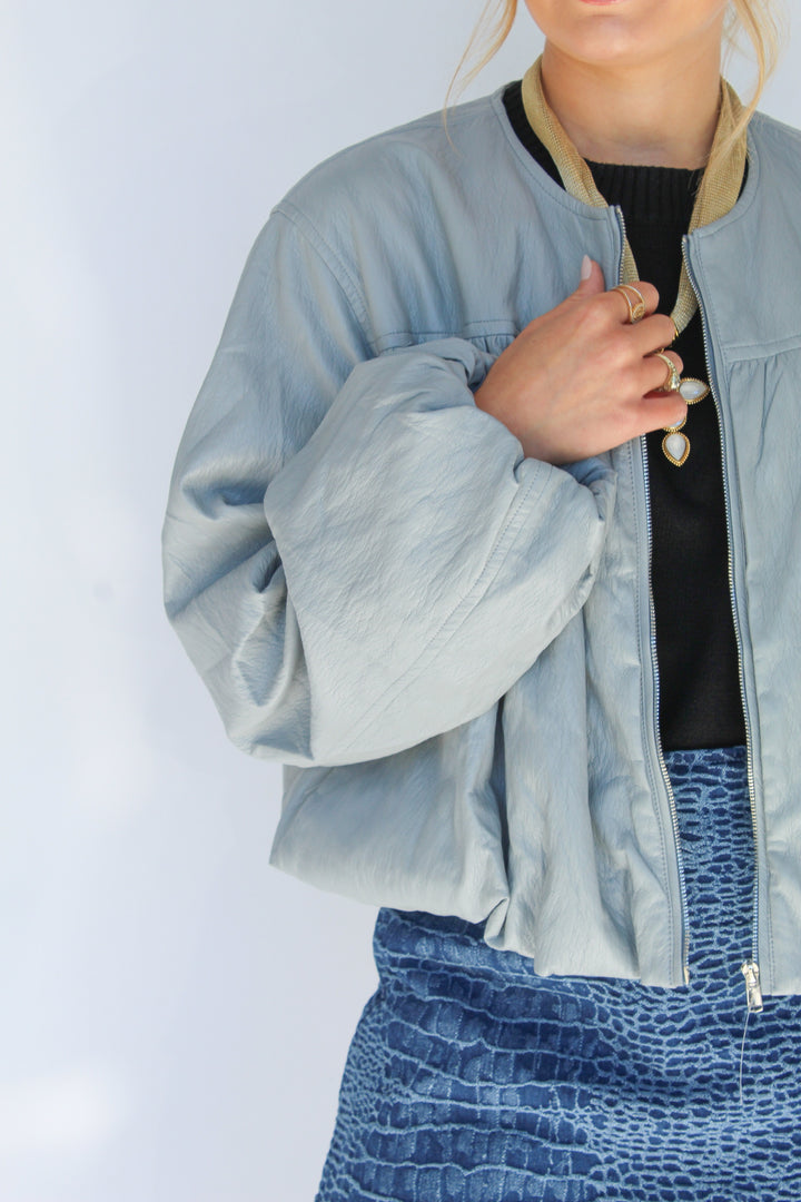 THE BLUE HAZE FAUX LEATHER ZIP UP JACKET