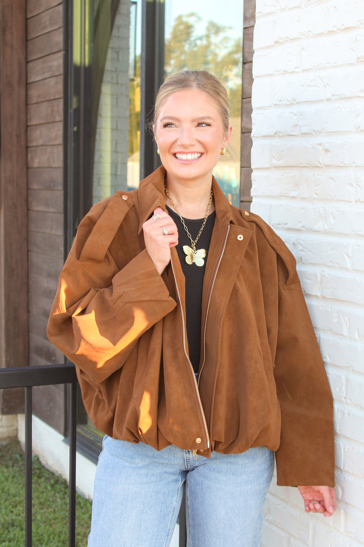 OUT AND ABOUT MOCHA BOMBER JACKET