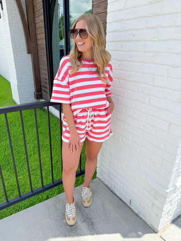 SET THE MOOD STRIPED TERRYCLOTH MATCHING SET TOP