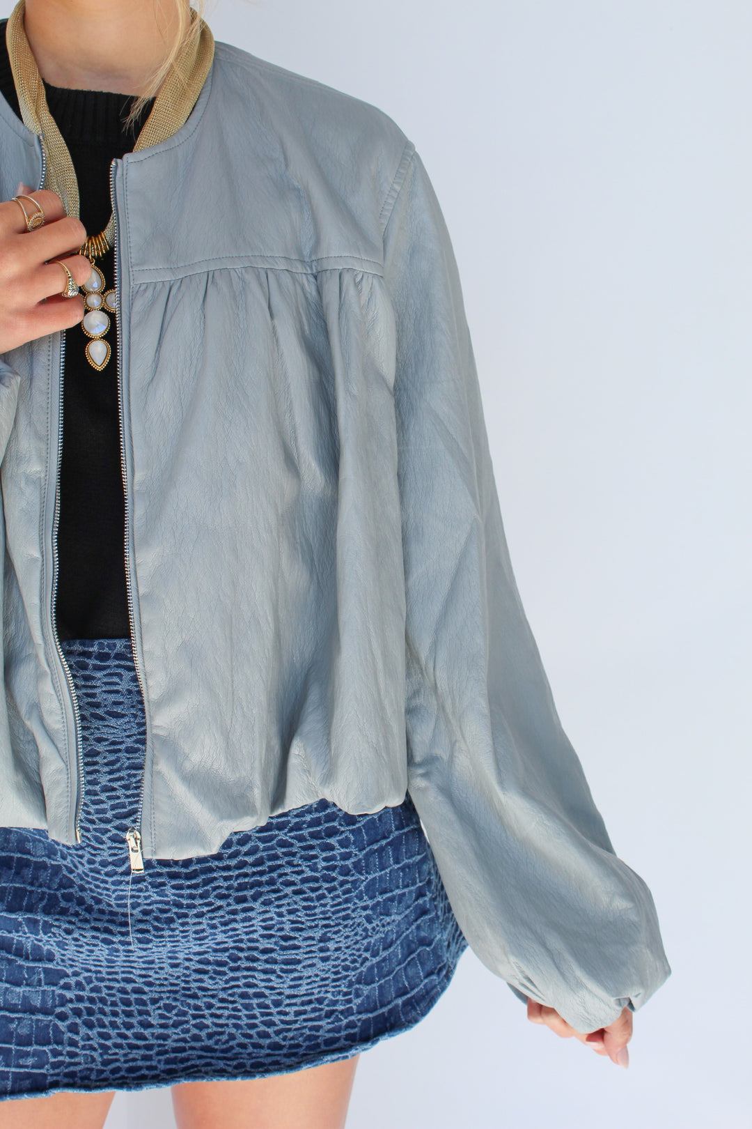 THE BLUE HAZE FAUX LEATHER ZIP UP JACKET