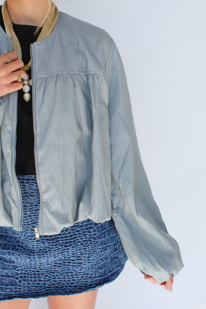 THE BLUE HAZE FAUX LEATHER ZIP UP JACKET