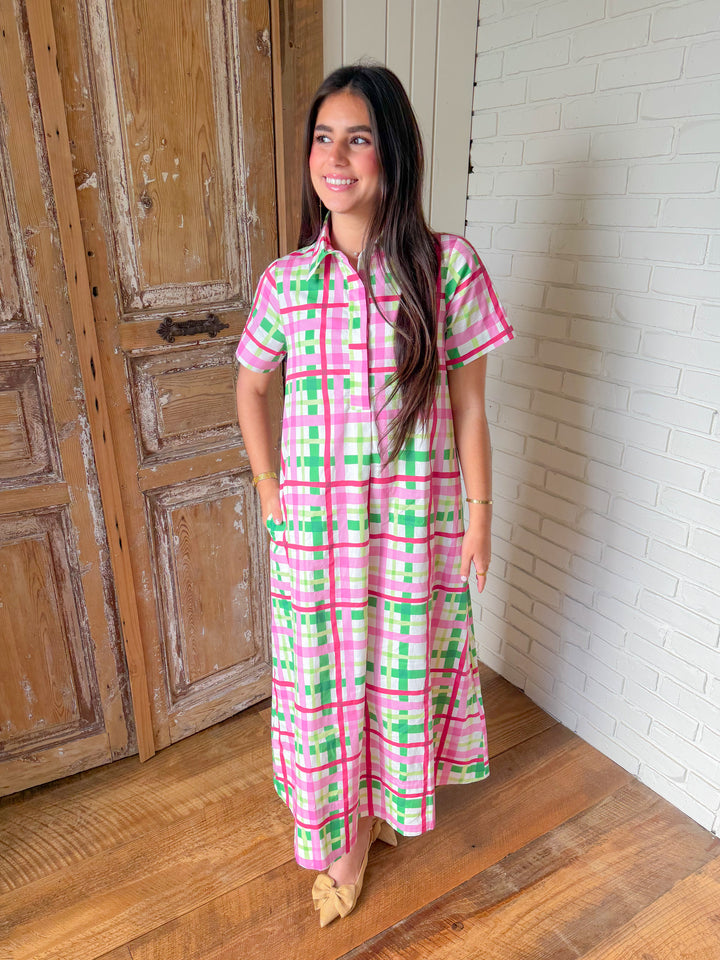 LIVE A LITTLE PLAID MIDI DRESS