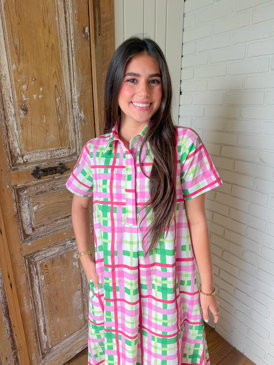 LIVE A LITTLE PLAID MIDI DRESS