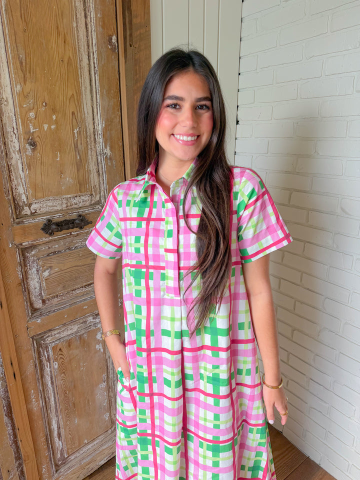 LIVE A LITTLE PLAID MIDI DRESS