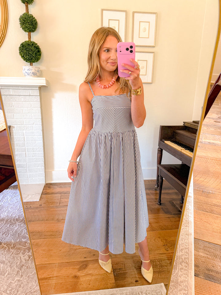 THE ELISE PINSTRIPE MIDI DRESS
