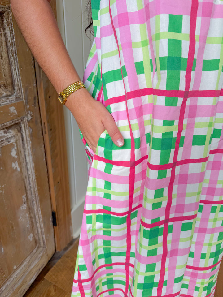 LIVE A LITTLE PLAID MIDI DRESS