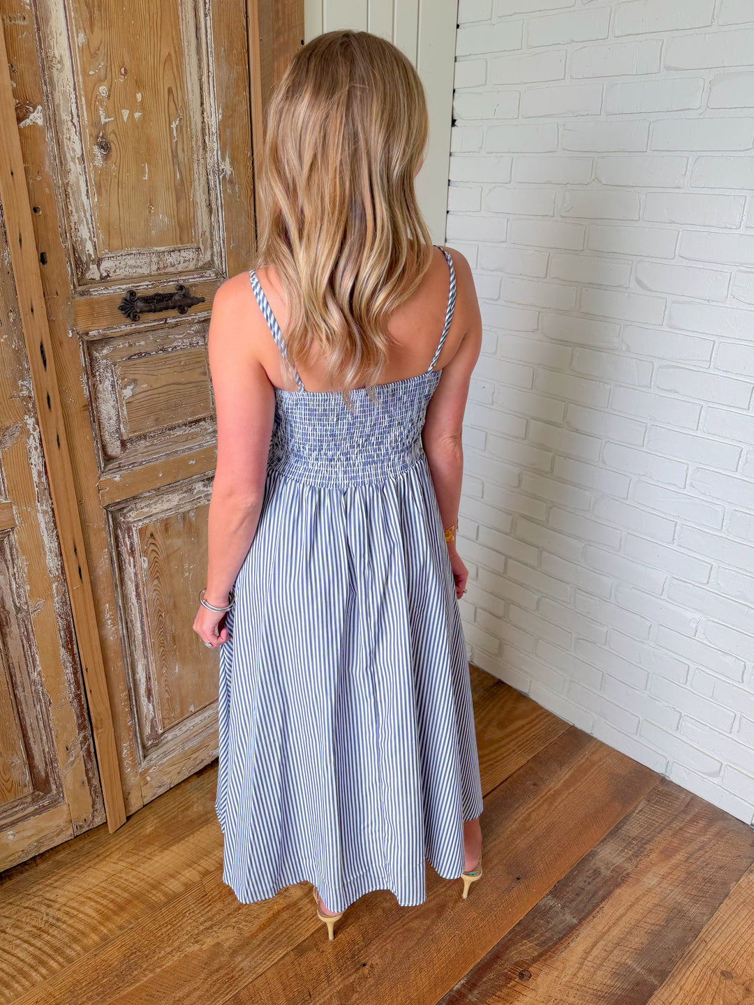 THE ELISE PINSTRIPE MIDI DRESS