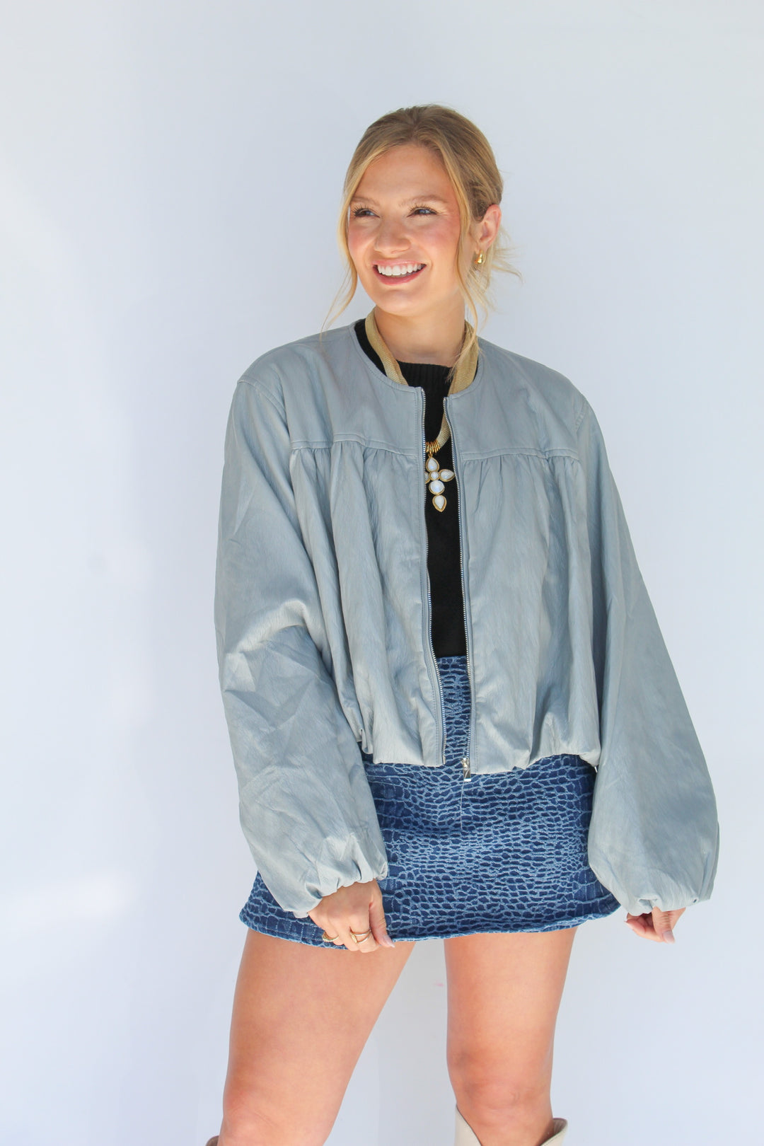 THE BLUE HAZE FAUX LEATHER ZIP UP JACKET