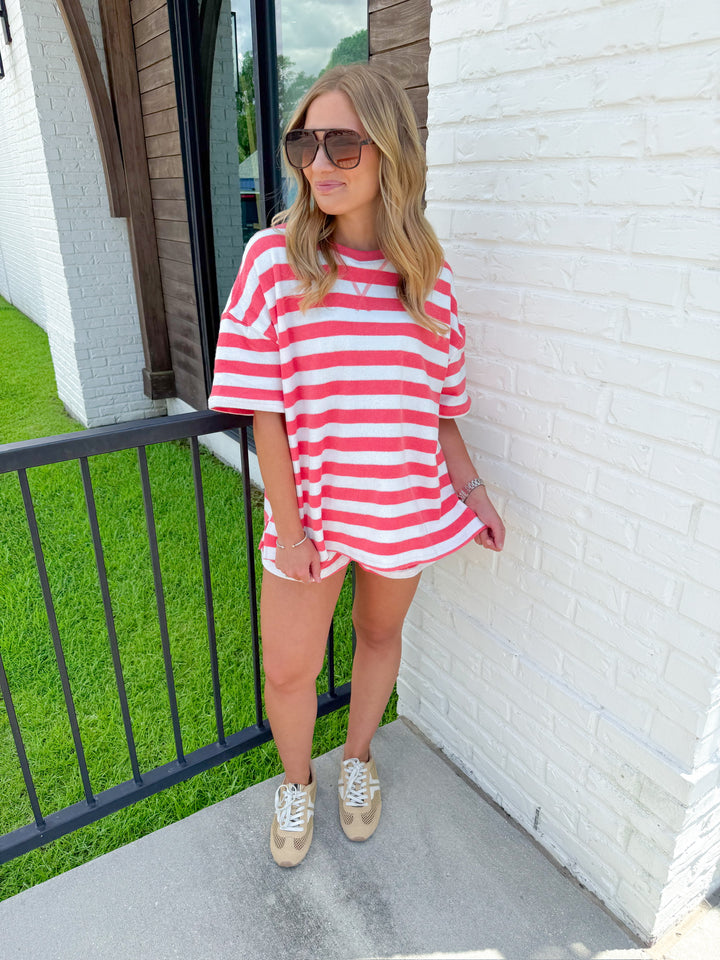 SET THE MOOD STRIPED TERRYCLOTH MATCHING SET TOP