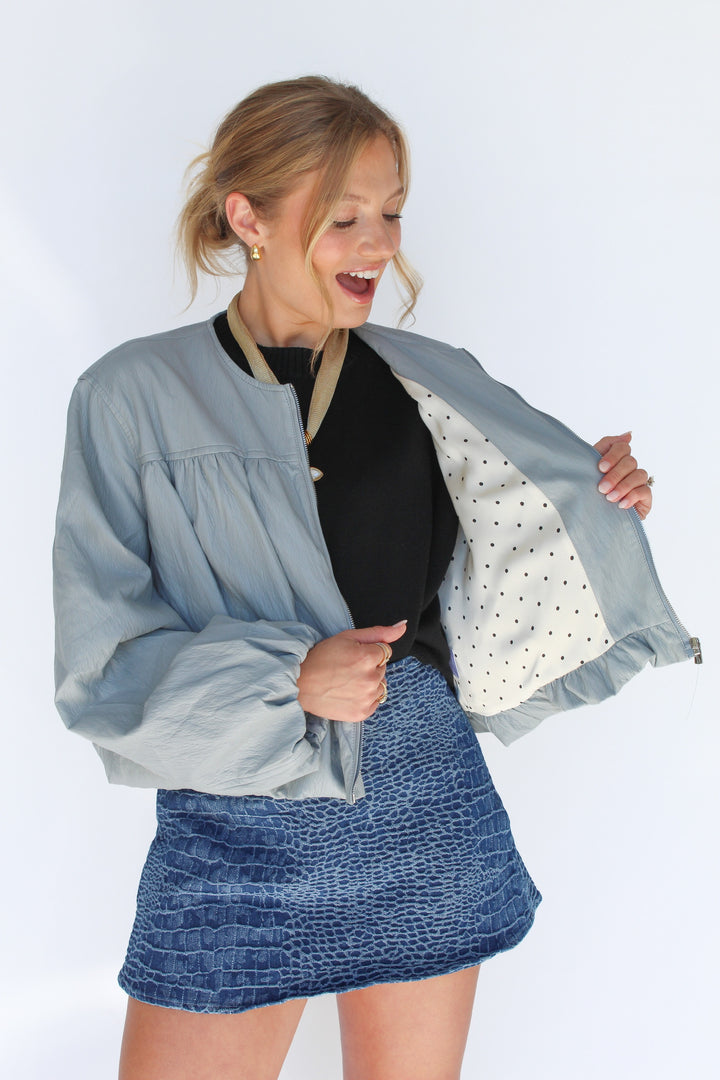 THE BLUE HAZE FAUX LEATHER ZIP UP JACKET