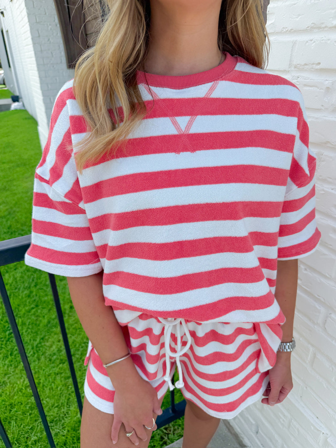 SET THE MOOD STRIPED TERRYCLOTH MATCHING SET TOP