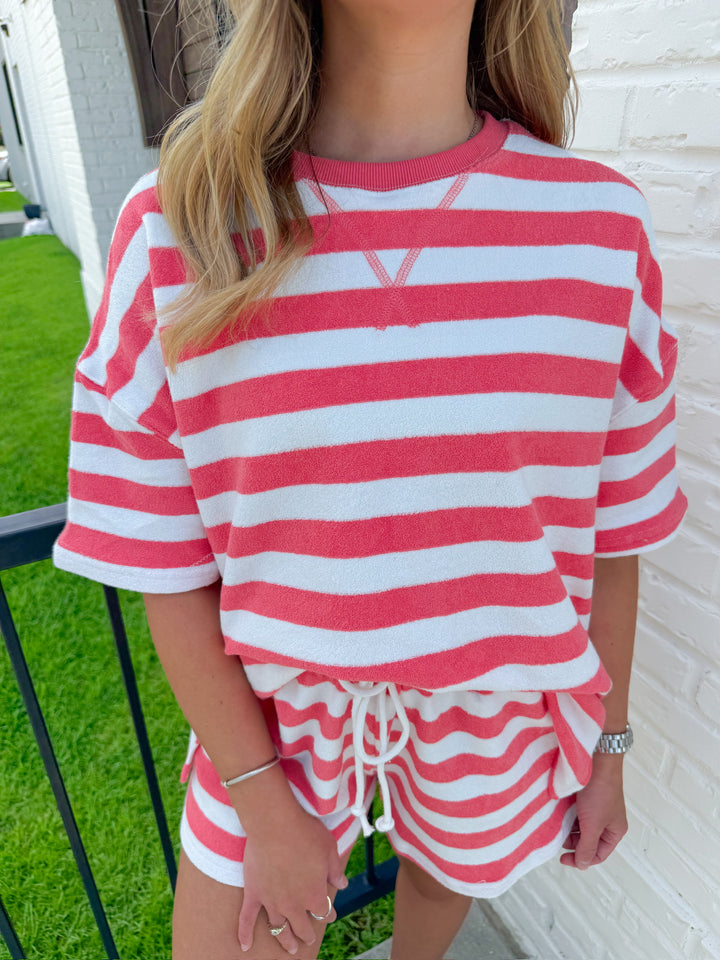 SET THE MOOD STRIPED TERRYCLOTH MATCHING SET TOP
