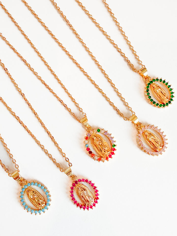 BLESSED MOTHER COLORFUL CZ PENDANT NECKLACE