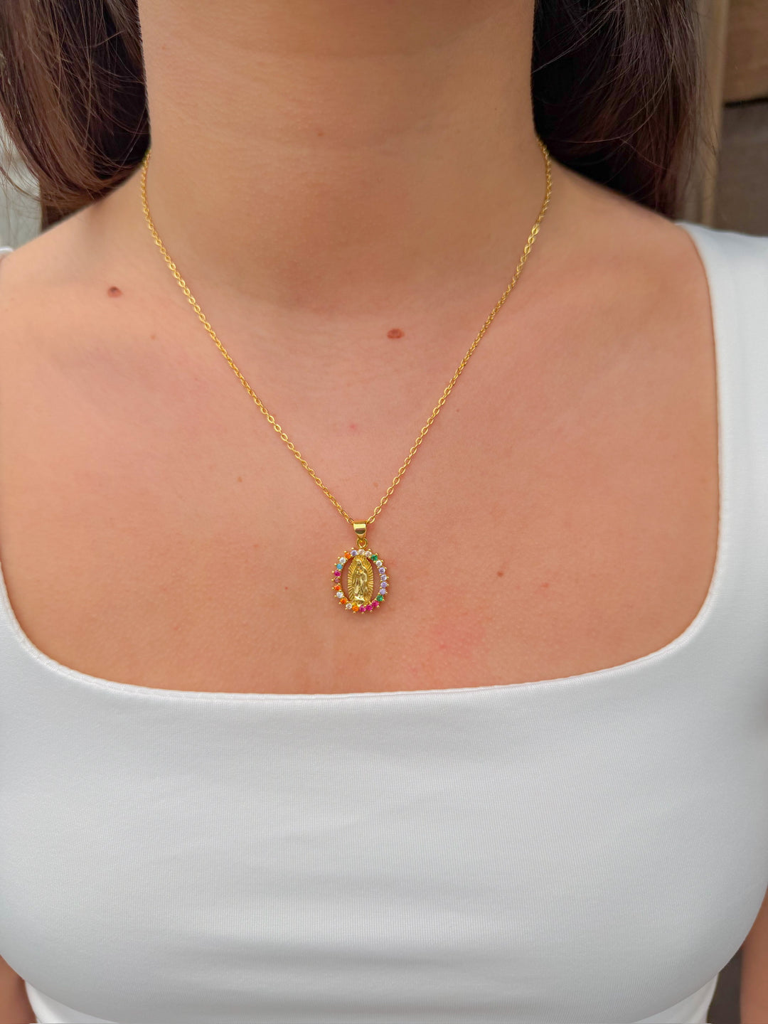 BLESSED MOTHER COLORFUL CZ PENDANT NECKLACE