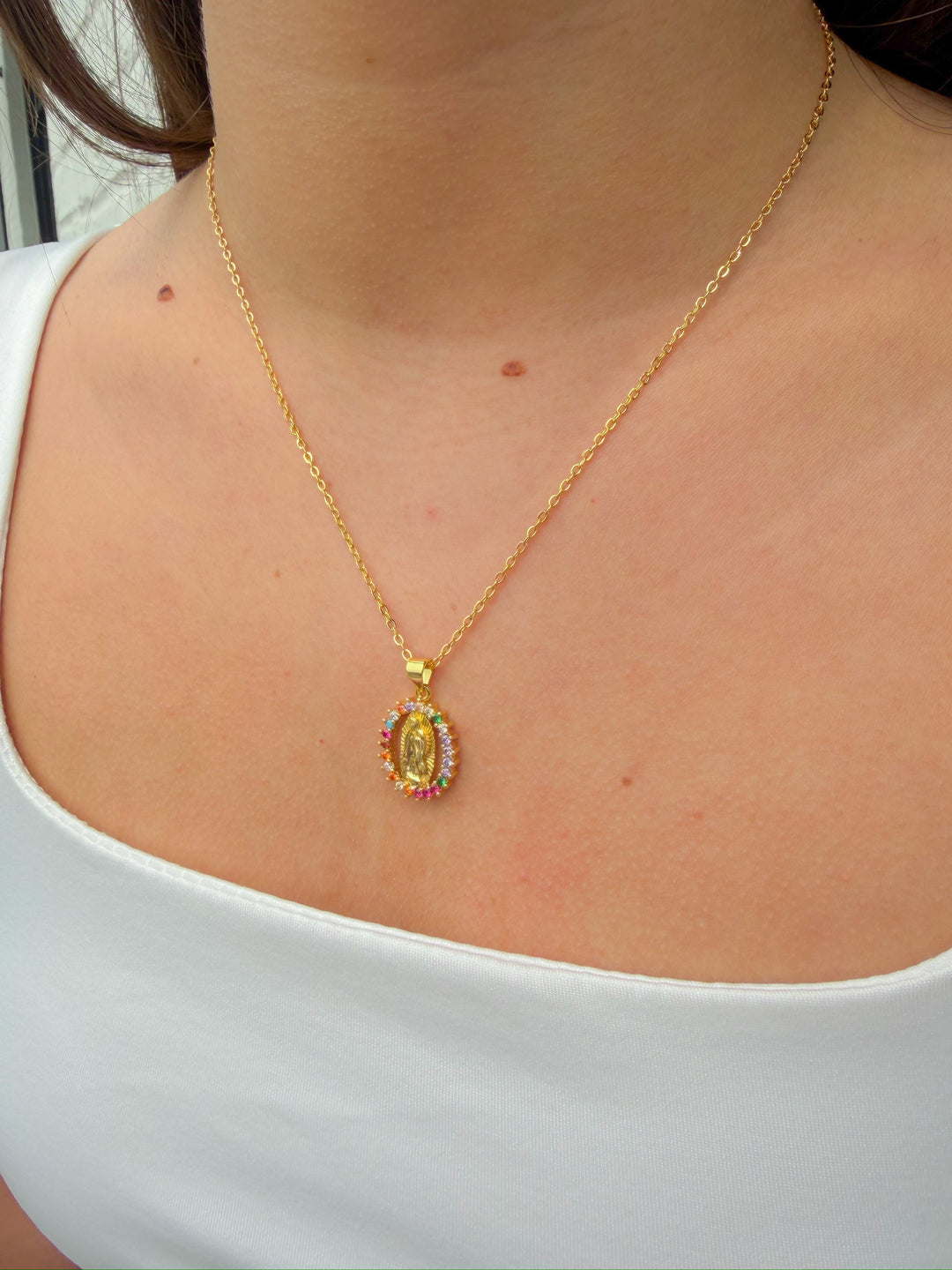 BLESSED MOTHER COLORFUL CZ PENDANT NECKLACE
