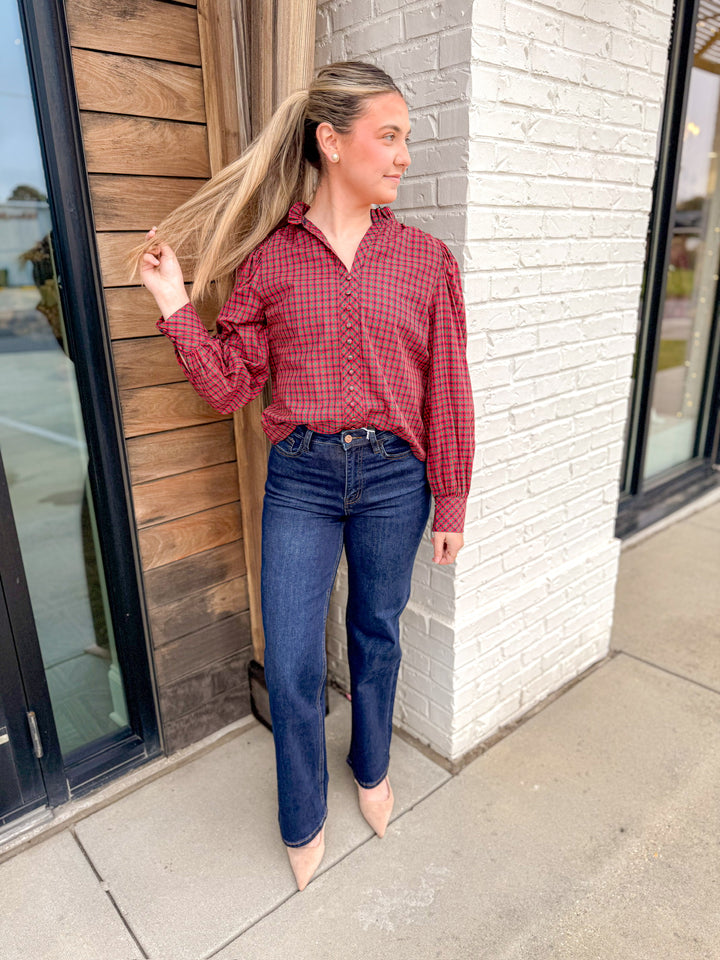 CRANBERRY CHECK BUTTON DOWN