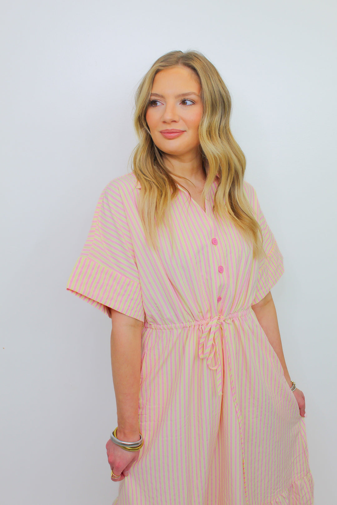 SWEET DAYS PINSTRIPE MIDI DRESS