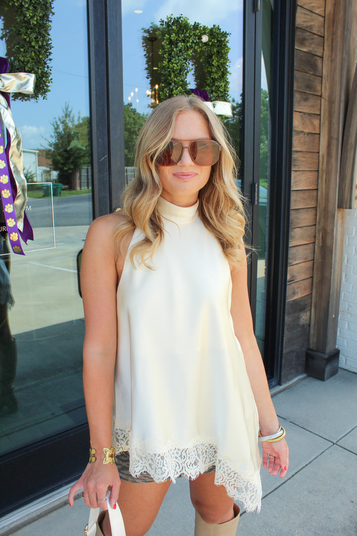 HEART EYES LACE LINED ASYMMETRICAL HALTER NECK