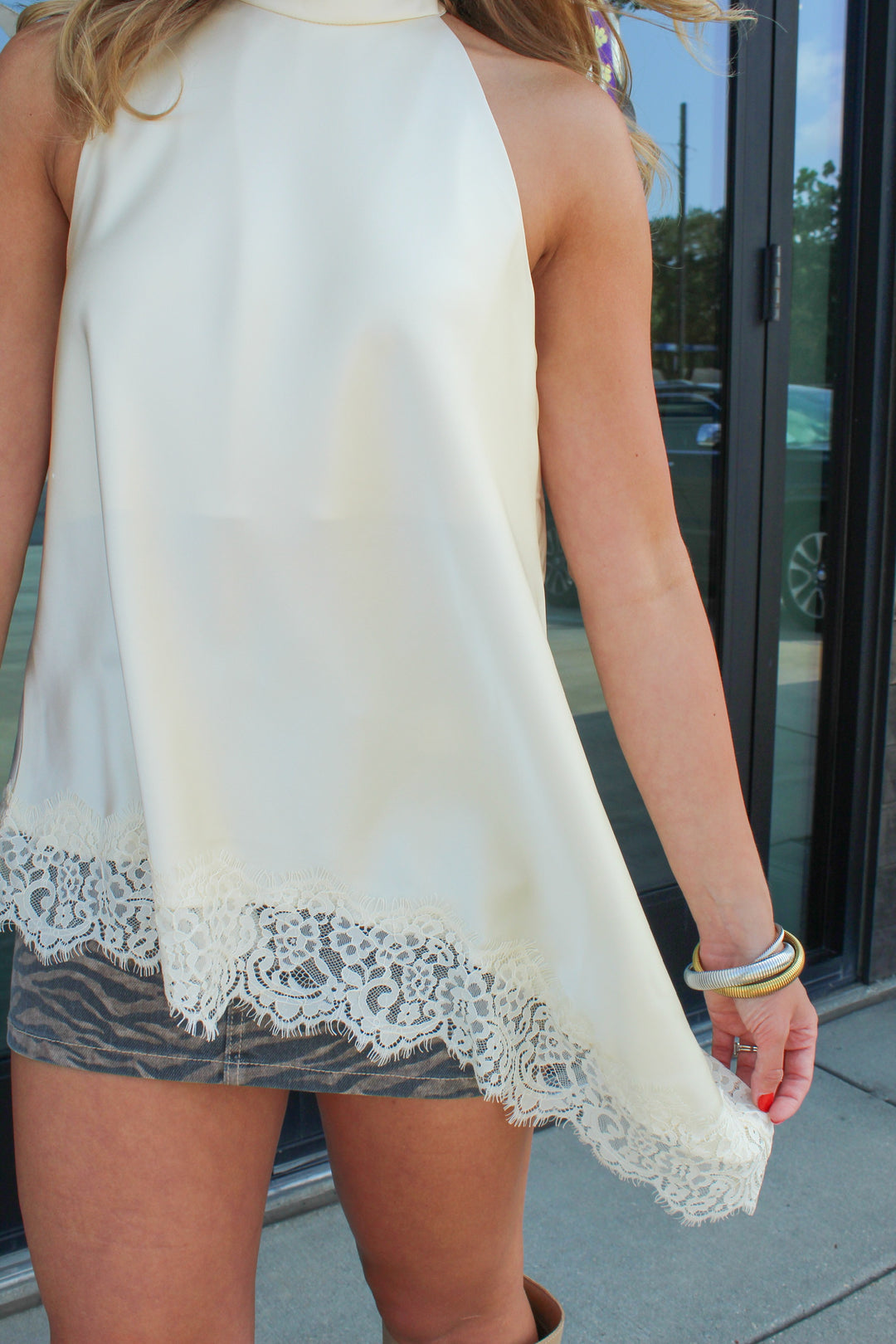 HEART EYES LACE LINED ASYMMETRICAL HALTER NECK