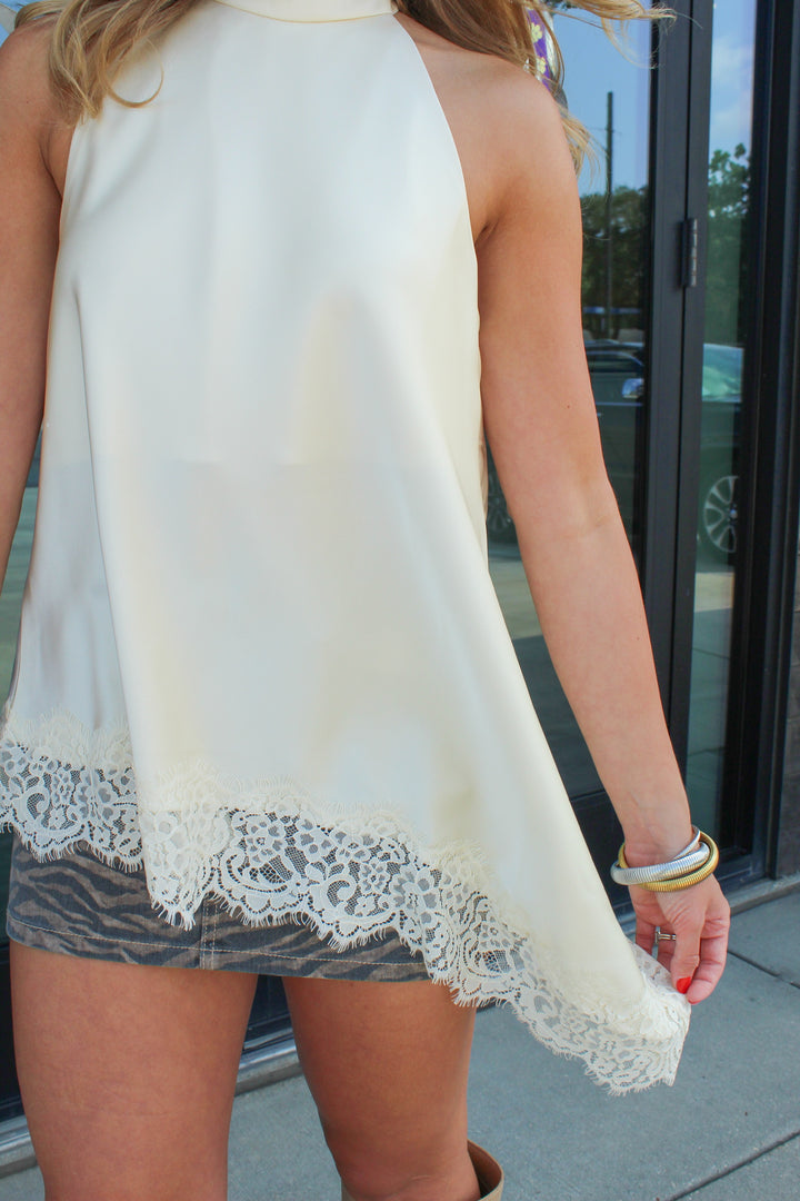 HEART EYES LACE LINED ASYMMETRICAL HALTER NECK