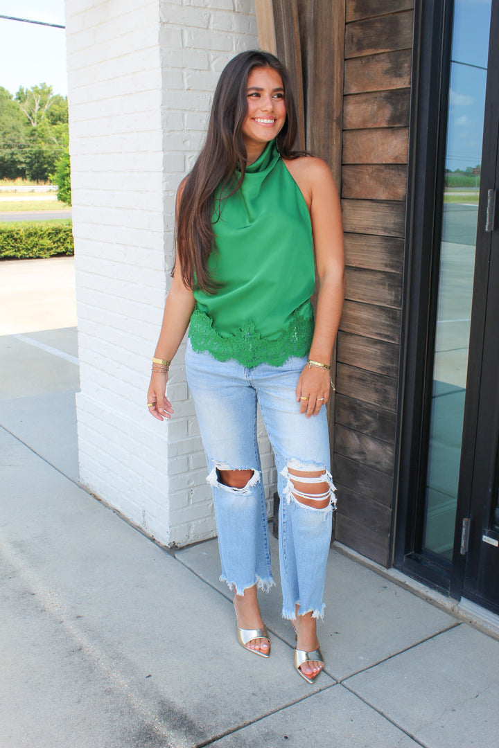THE NAOMI HALTER NECK LACE TRIM TOP