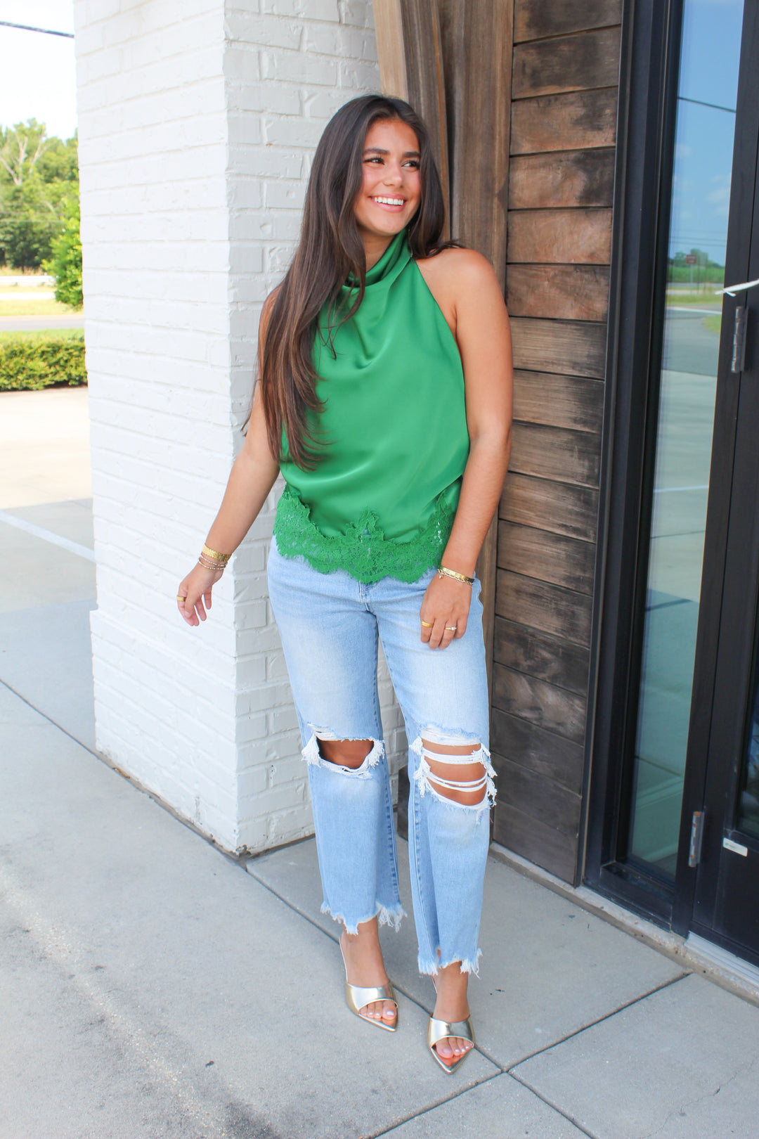 THE NAOMI HALTER NECK LACE TRIM TOP