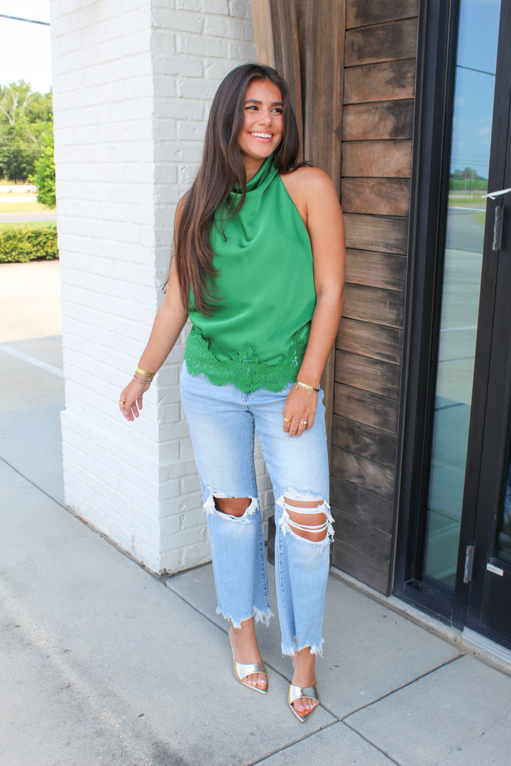 THE NAOMI HALTER NECK LACE TRIM TOP