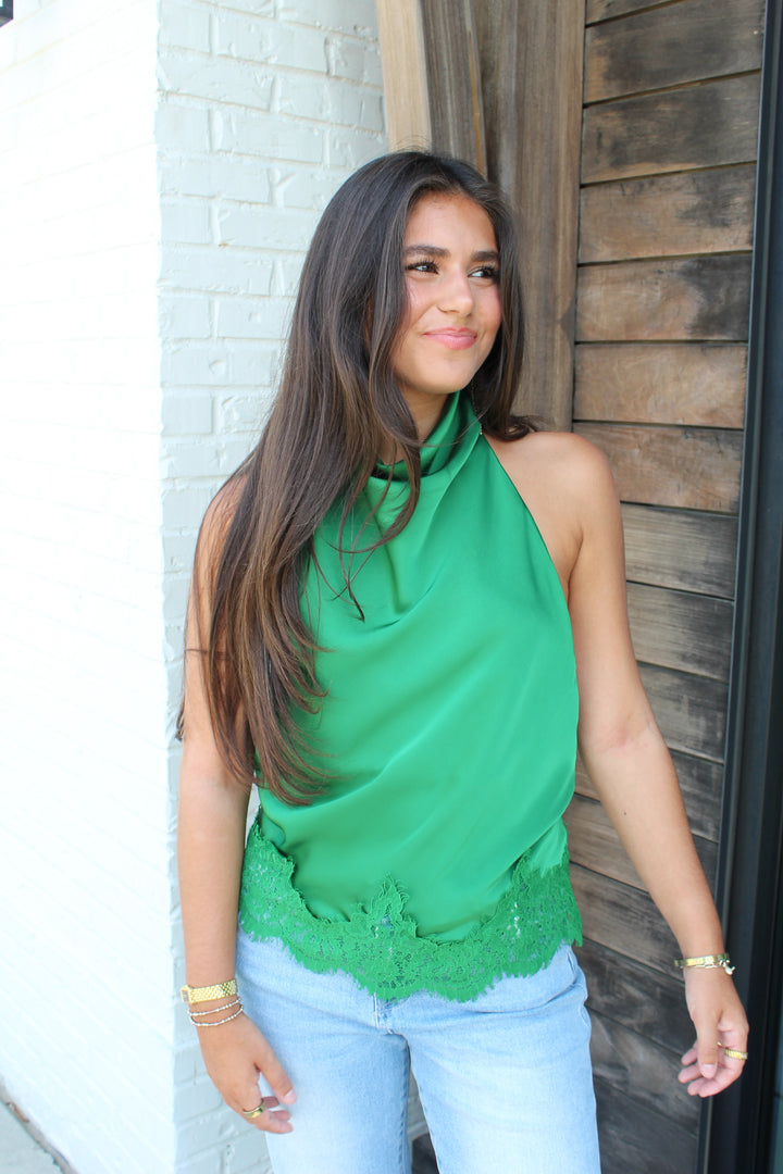 THE NAOMI HALTER NECK LACE TRIM TOP