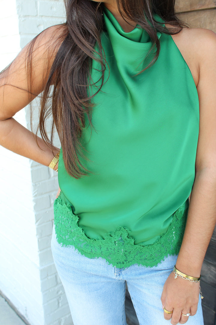 THE NAOMI HALTER NECK LACE TRIM TOP