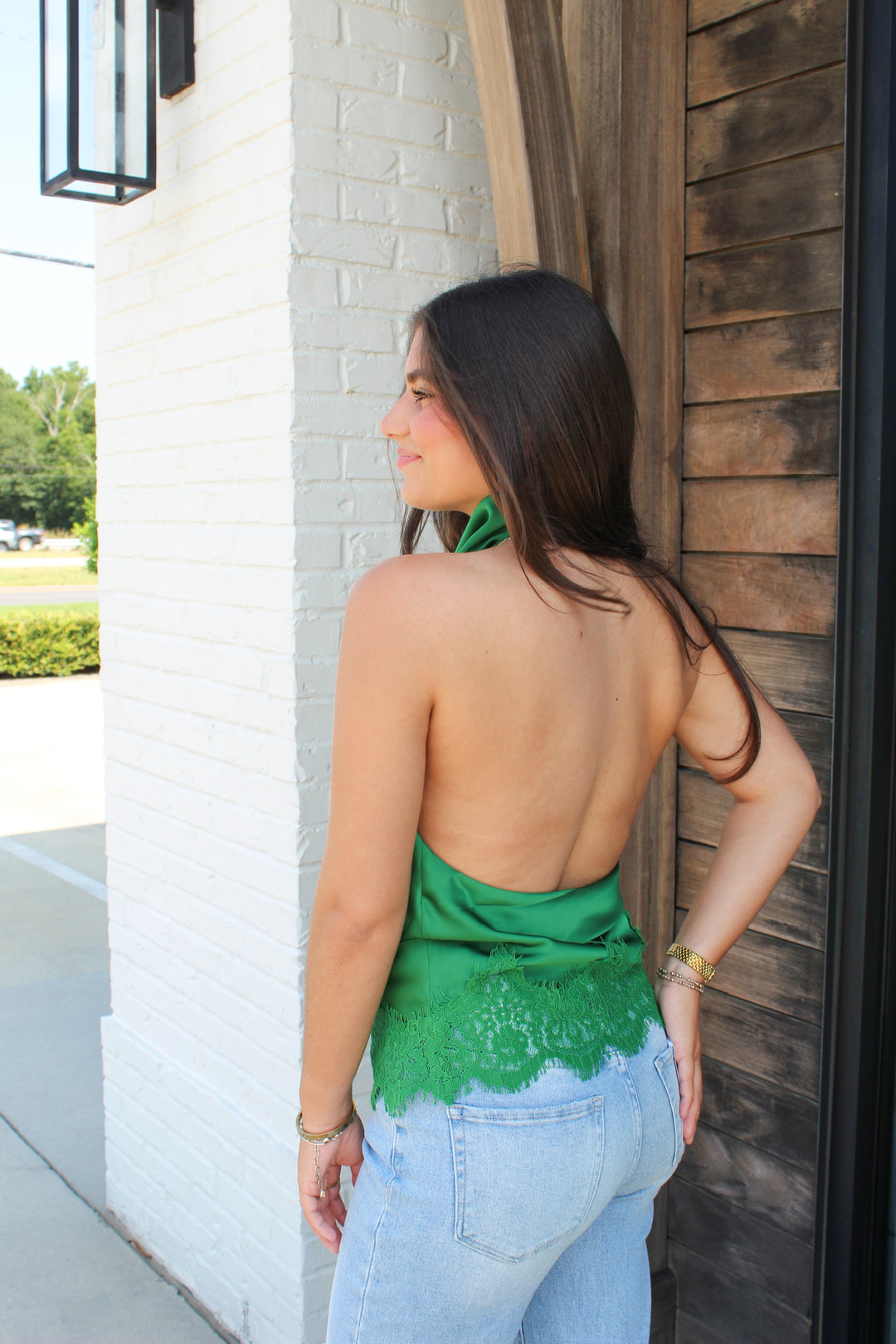 THE NAOMI HALTER NECK LACE TRIM TOP