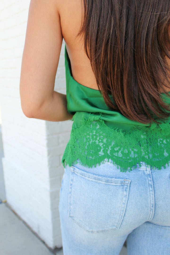 THE NAOMI HALTER NECK LACE TRIM TOP