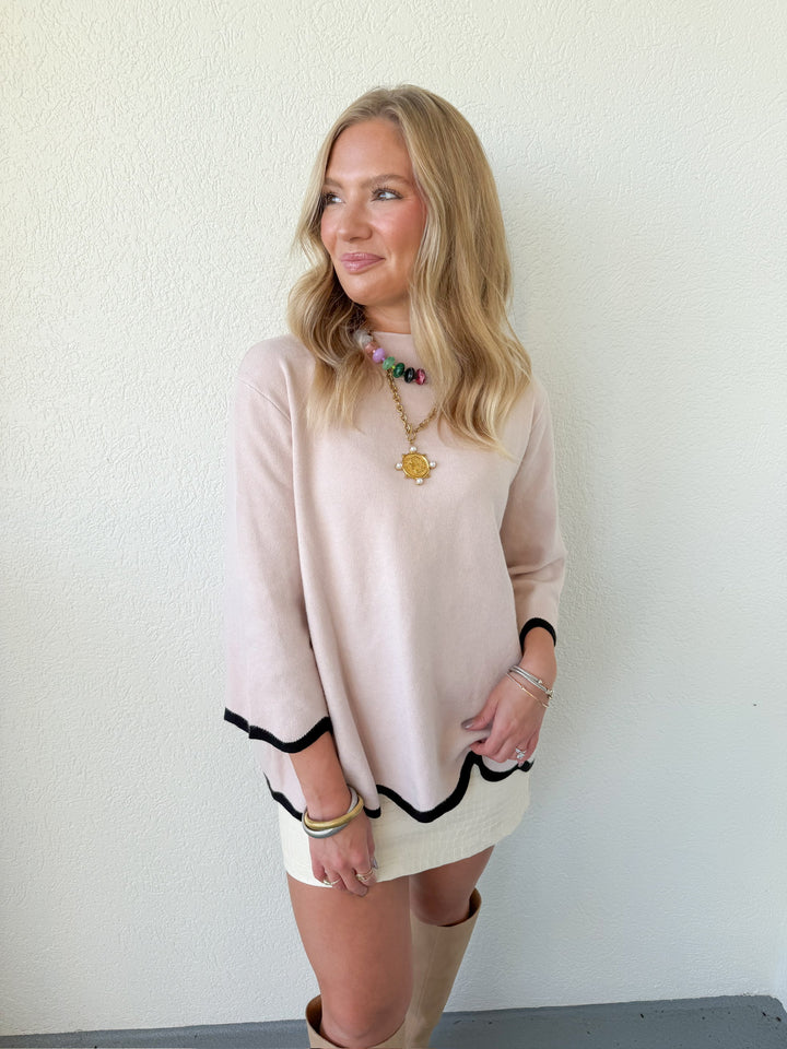 SCALLOPED EDGE MOCK NECK SWEATER