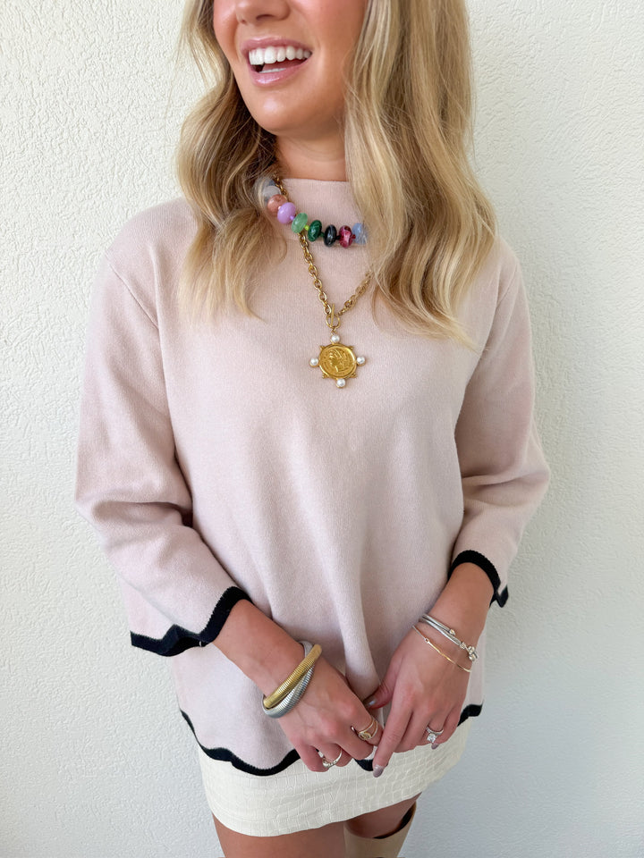 SCALLOPED EDGE MOCK NECK SWEATER