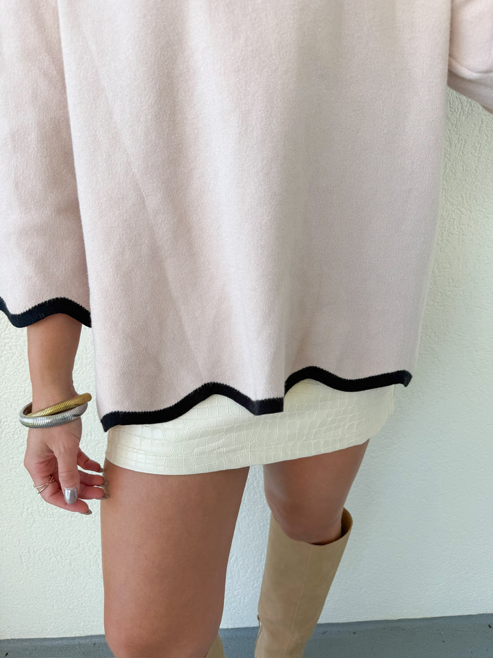 SCALLOPED EDGE MOCK NECK SWEATER