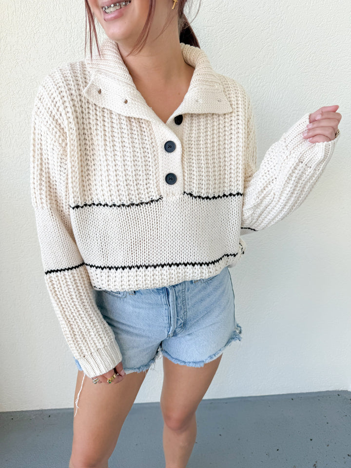 PRE-ORDER: CREAM HALF BUTTON KNIT SWEATER