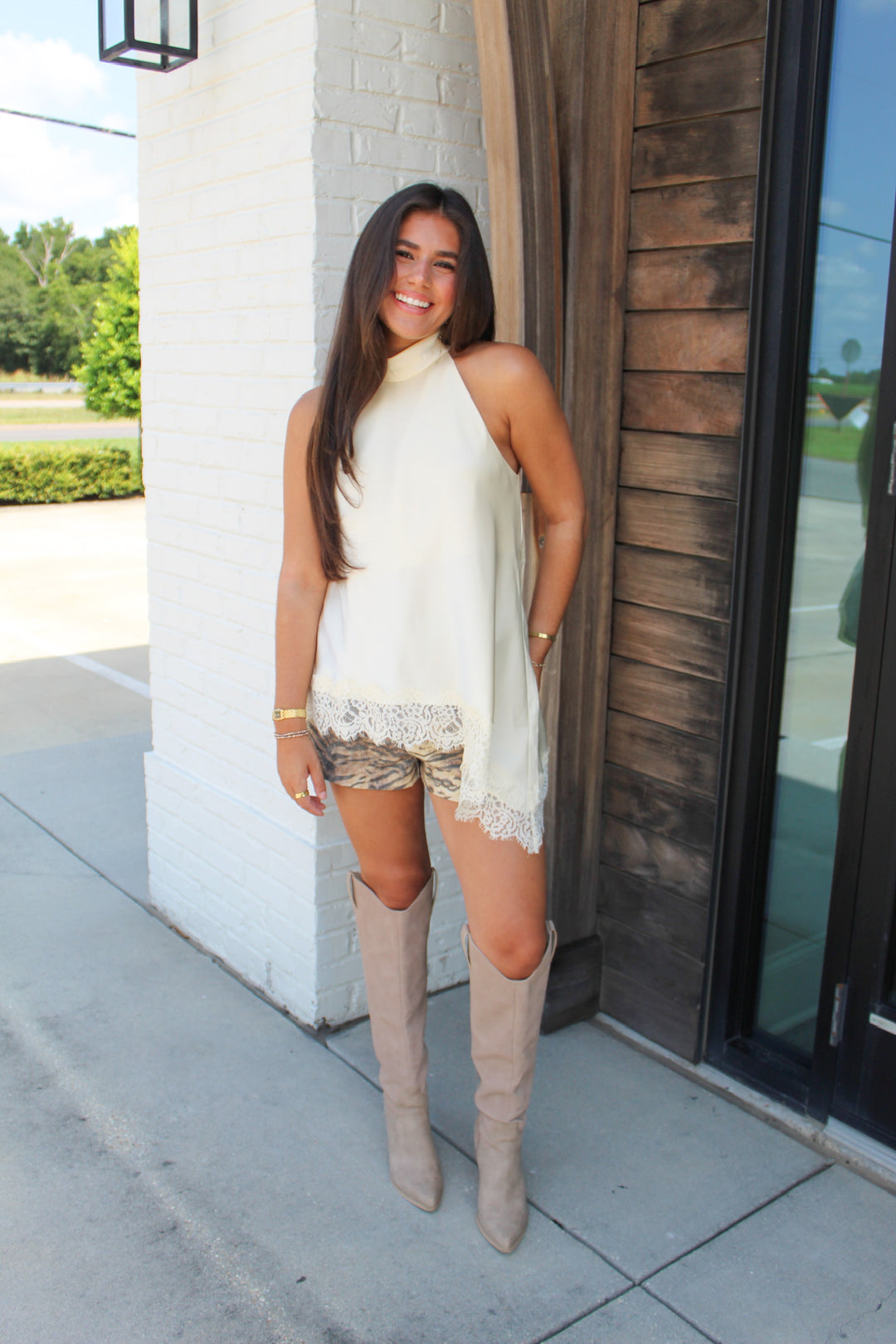HEART EYES LACE LINED ASYMMETRICAL HALTER NECK