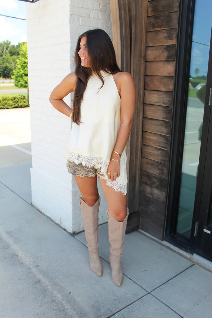 HEART EYES LACE LINED ASYMMETRICAL HALTER NECK