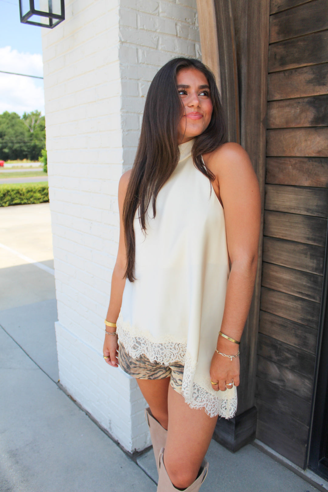 HEART EYES LACE LINED ASYMMETRICAL HALTER NECK