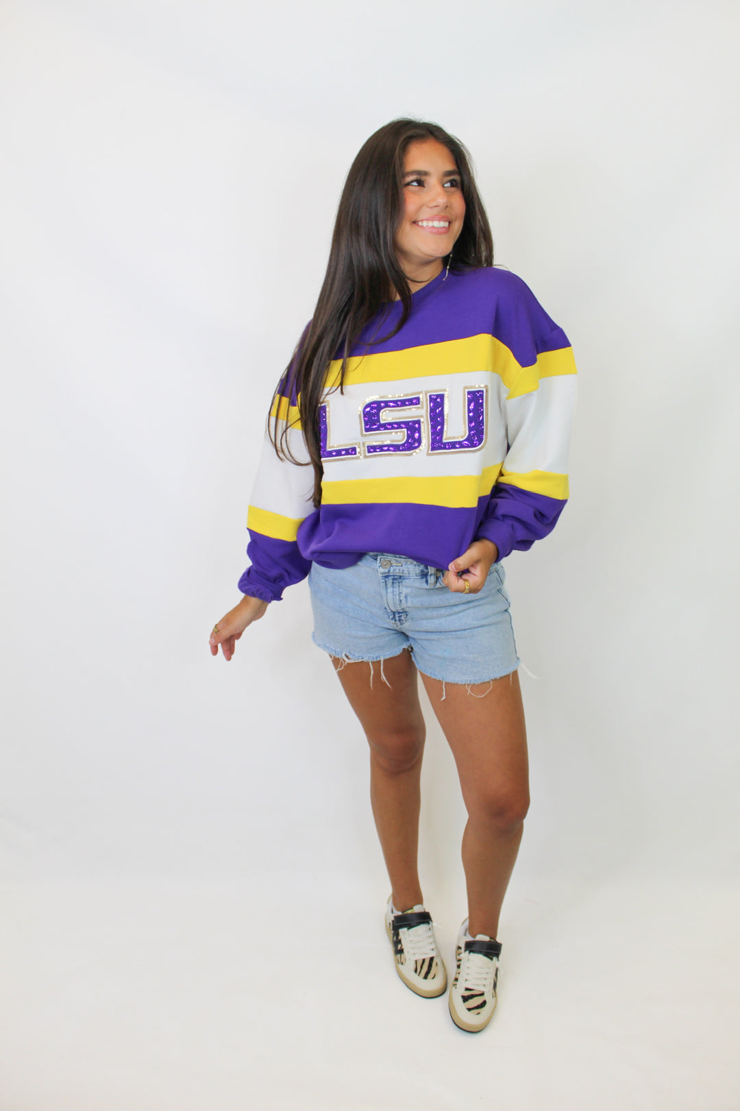 VICTORY LSU STUDDED STRIPE SWEATSHIRT