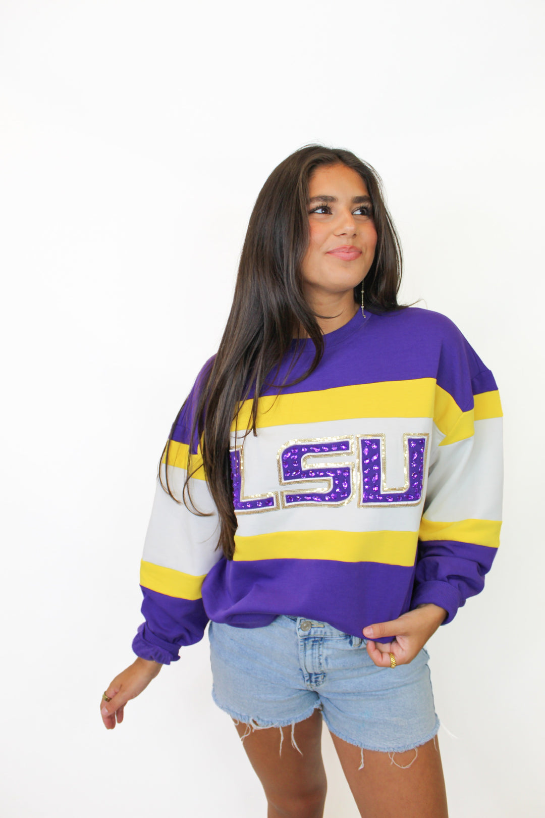 VICTORY LSU STUDDED STRIPE SWEATSHIRT