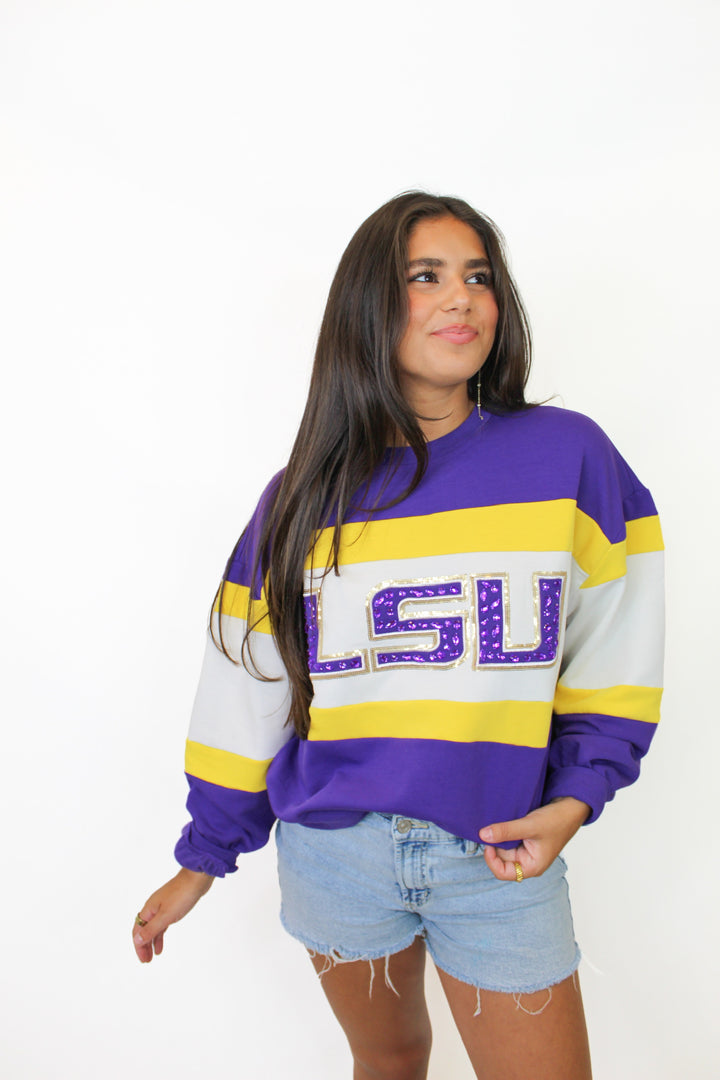 VICTORY LSU STUDDED STRIPE SWEATSHIRT