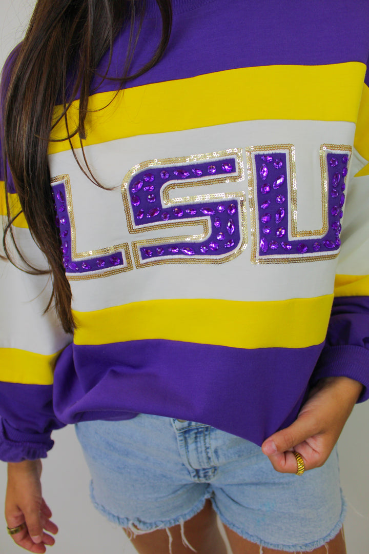 VICTORY LSU STUDDED STRIPE SWEATSHIRT