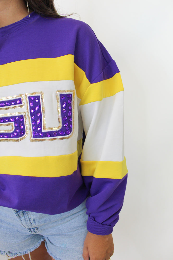 VICTORY LSU STUDDED STRIPE SWEATSHIRT