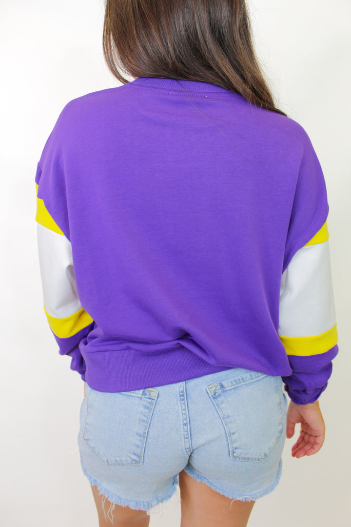 VICTORY LSU STUDDED STRIPE SWEATSHIRT