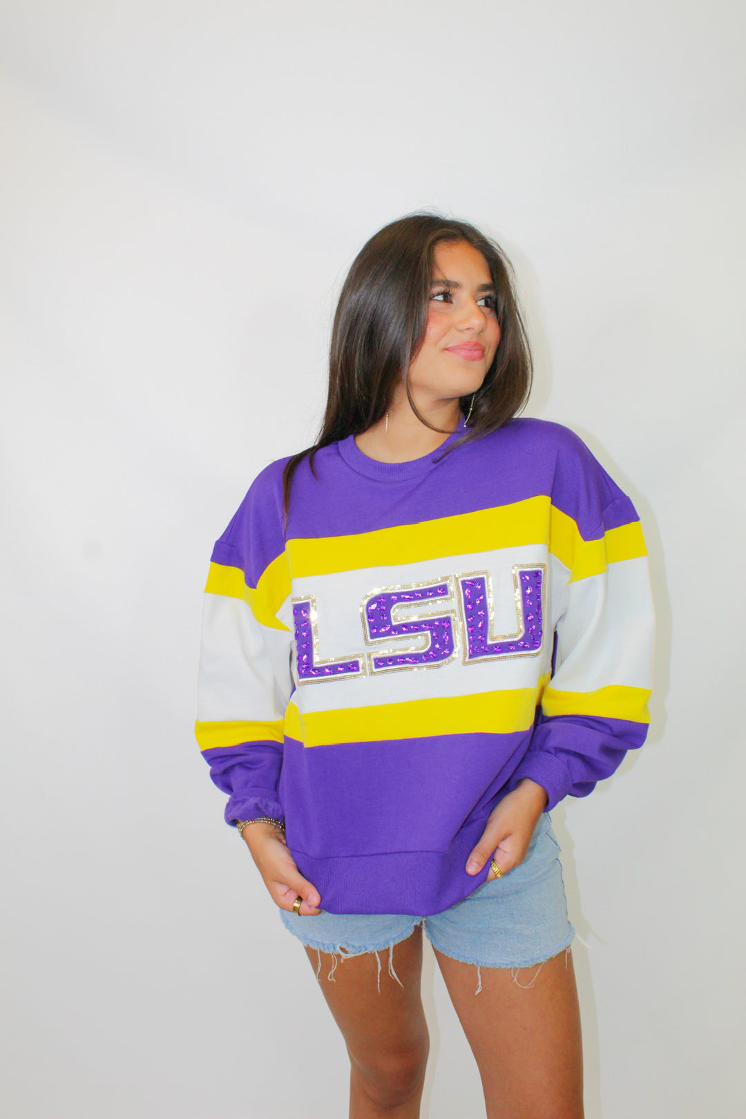 VICTORY LSU STUDDED STRIPE SWEATSHIRT