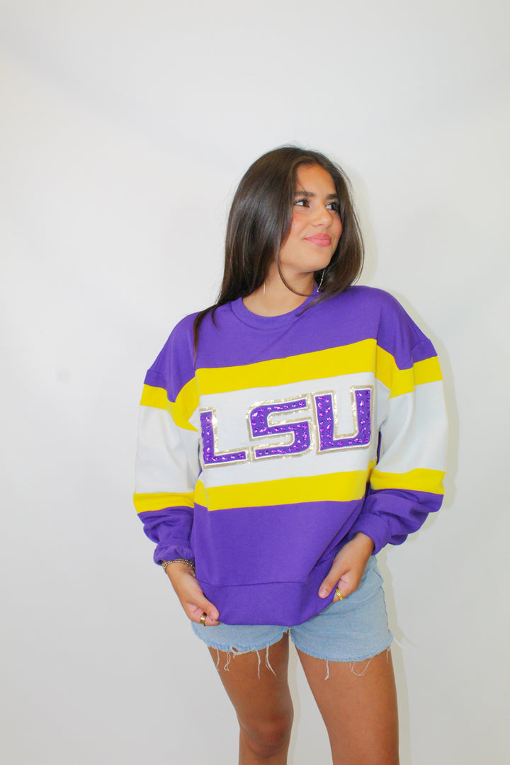 VICTORY LSU STUDDED STRIPE SWEATSHIRT