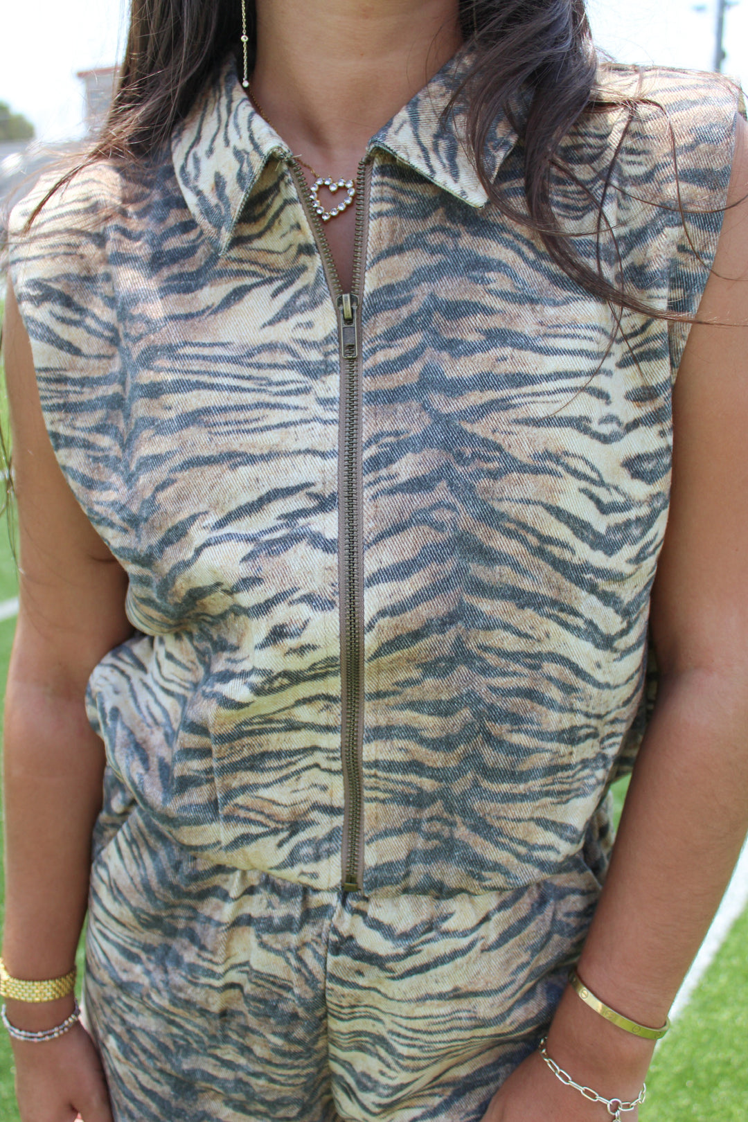 UNLEASHED TIGER PRINT DENIM ZIP UP VEST