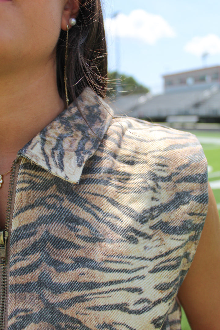 UNLEASHED TIGER PRINT DENIM ZIP UP VEST
